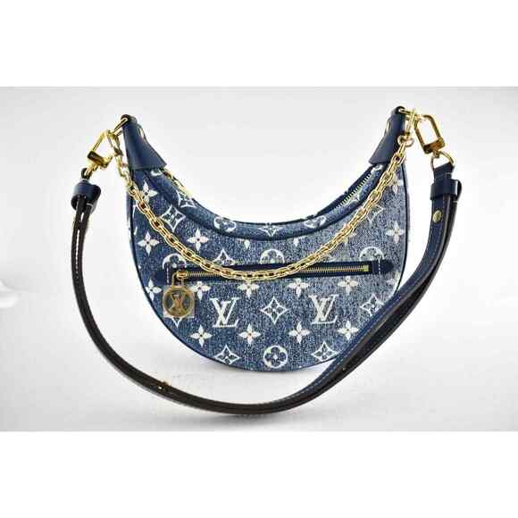 Louis Vuitton Loop Blue Denim Monogram Gold Chain Moon Crossbody Shoulder Bag - Picture 2 of 12